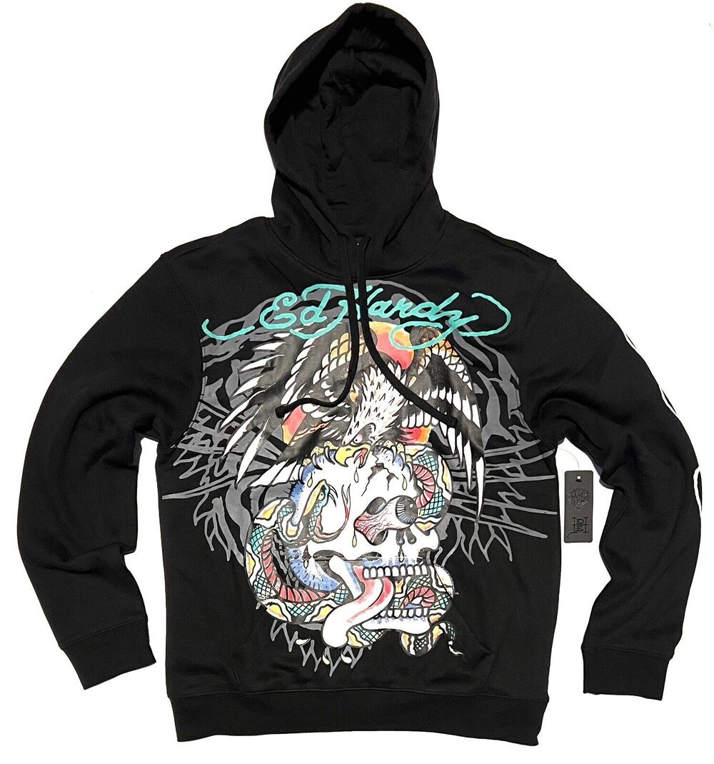 Ed Hardy Battle Skull Black Pullover Hoodie Mens Sz L Eye Pop Sweatshirt NWT Lrg